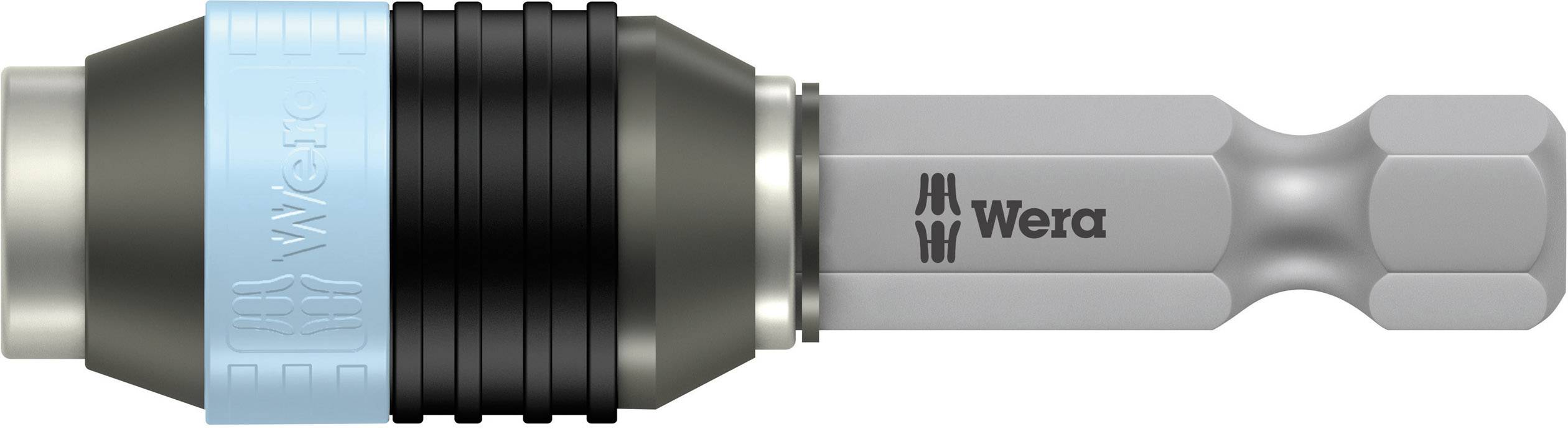 Porte-embouts avec poignée bleu-noir de Wera. Tige grise avec logo. Outil pour recevoir des embouts de tournevis.