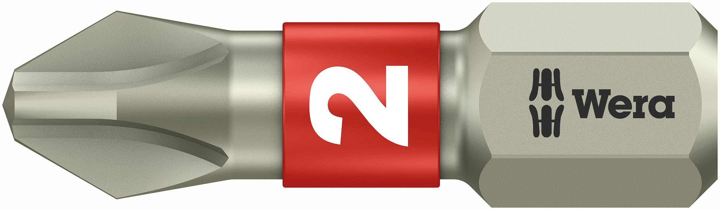 Embout de tournevis de Wera avec bande rouge et chiffre blanc '2'. L'embout est pointu à l'avant ; logo de marque à droite.