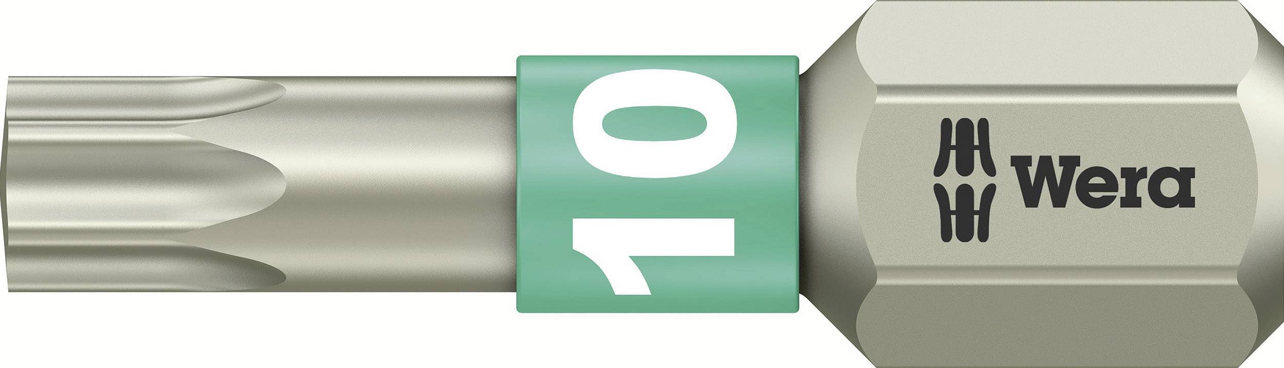 Embout Torx T10 de Wera, métal argenté avec un anneau vert, sur lequel est inscrite la taille '10'.
