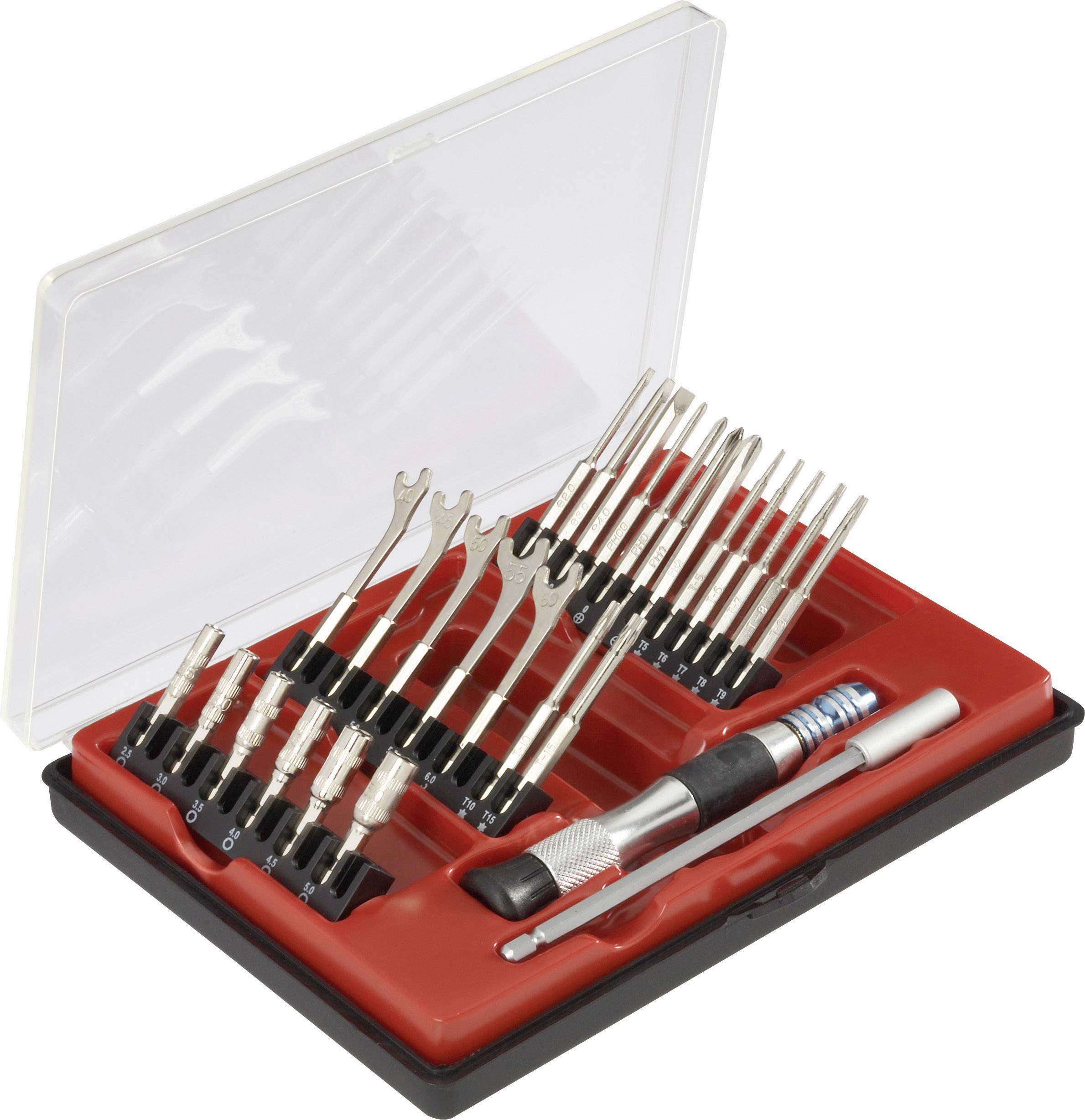 Un ensemble de tournevis avec différents embouts dans un coffret ouvert rouge et noir. Idéal pour des réparations précises.