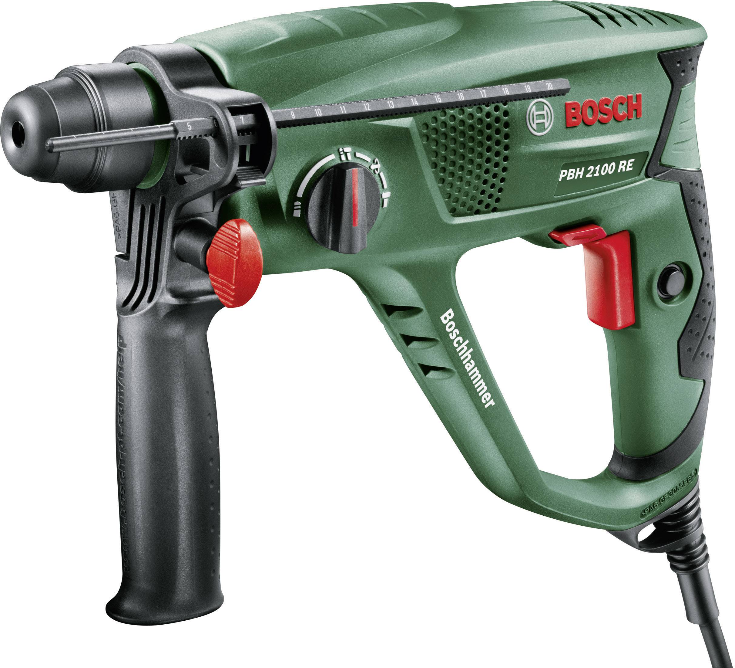 Marteau perforateur Grüner Bosch PBH 2100 RE, avec poignée rouge et noire, adapté aux travaux de bricolage tels que le perçage et le burinage.