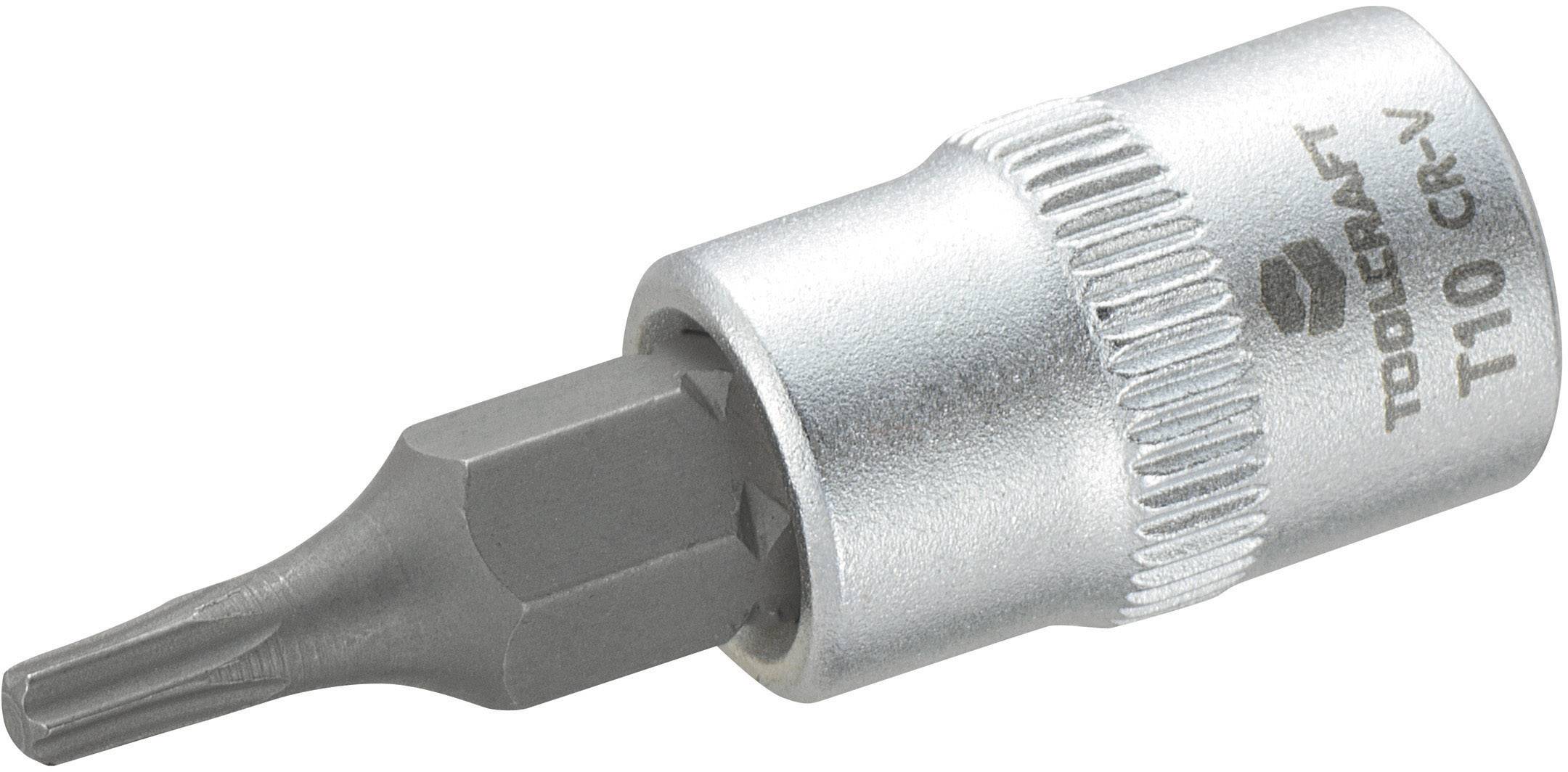 Gros plan d'un embout Torx en argent portant l'inscription « TOOLCRAFT T10 CR-V ».