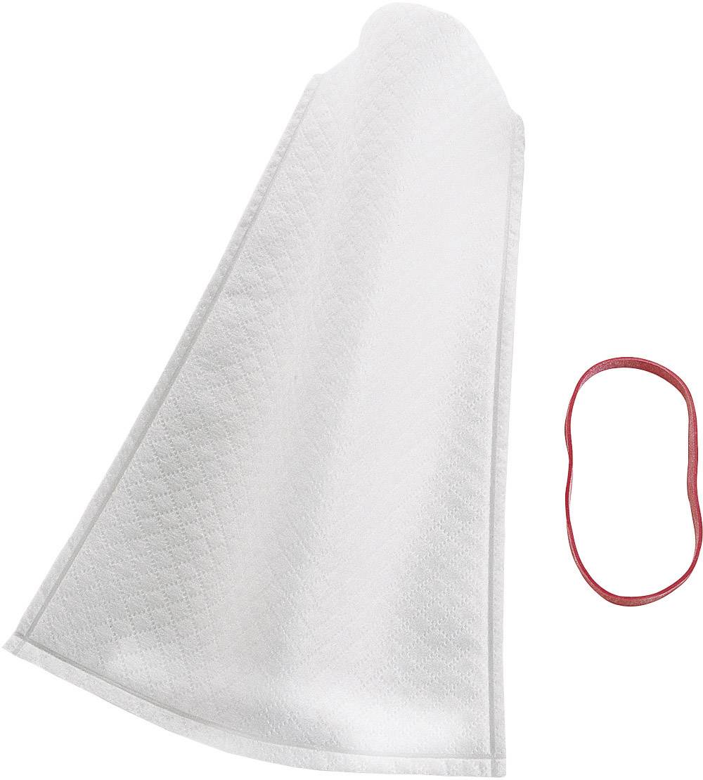 Un chiffon de nettoyage blanc à côté d'un élastique rouge.