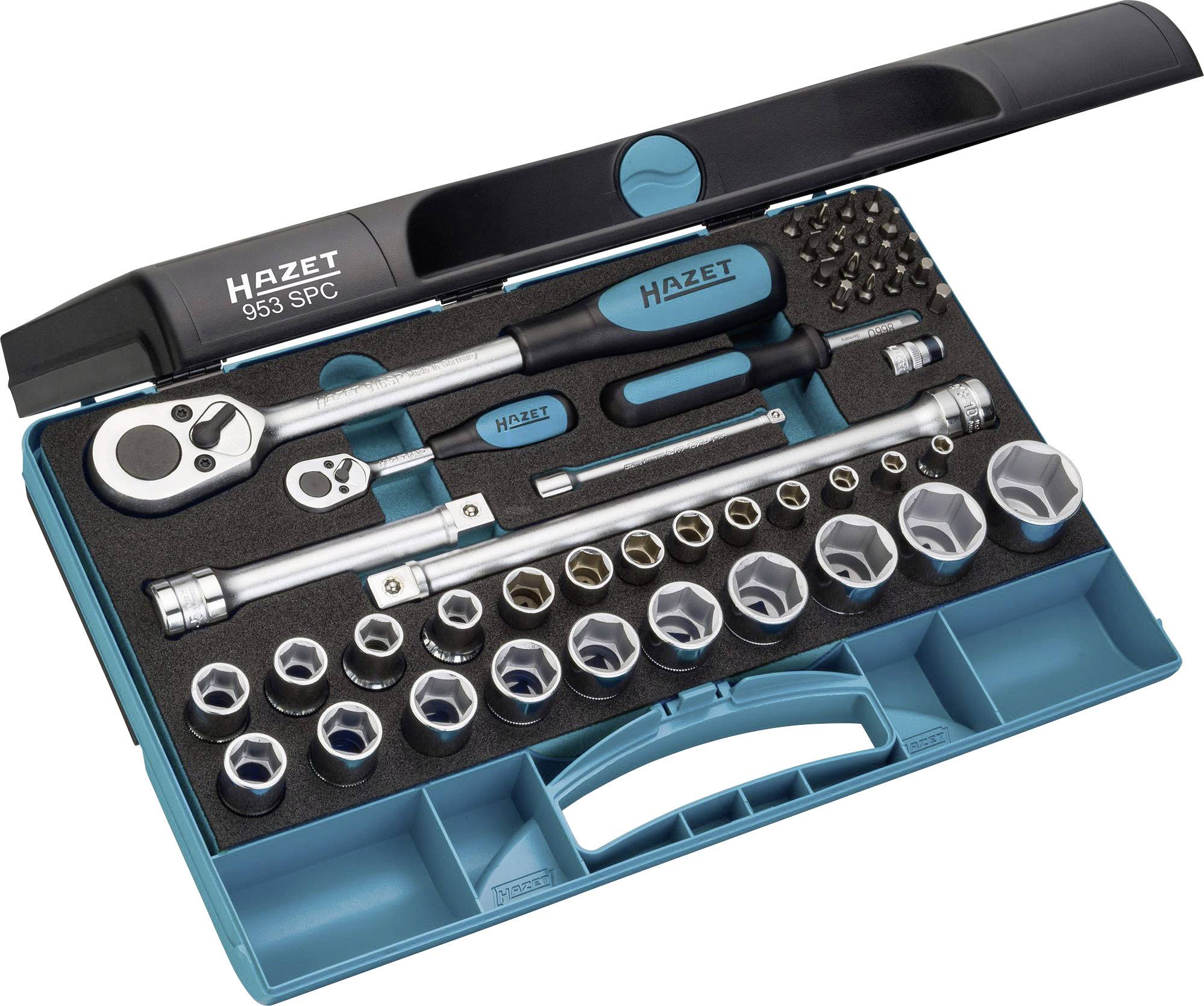Coffret à outils avec clé à cliquet, douilles et embouts. Couleurs principales : Noir et turquoise. Nom de marque 'Hazet' visible.
