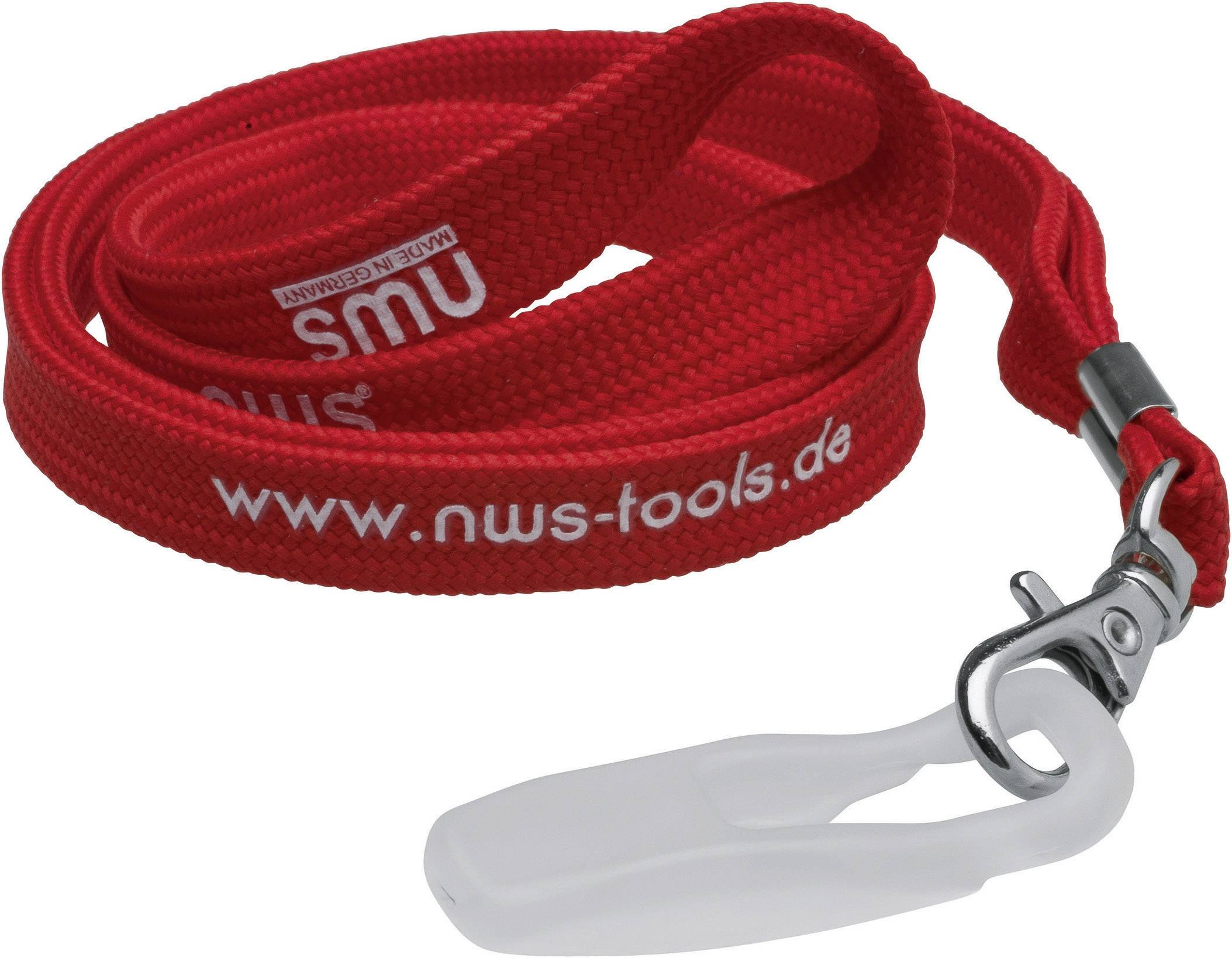 Bande rouge avec boucle et clip métallique, poignée blanche en plastique ; Texte : 'www.nws-tools.de'. Utilisable pour porter ou attacher des objets.