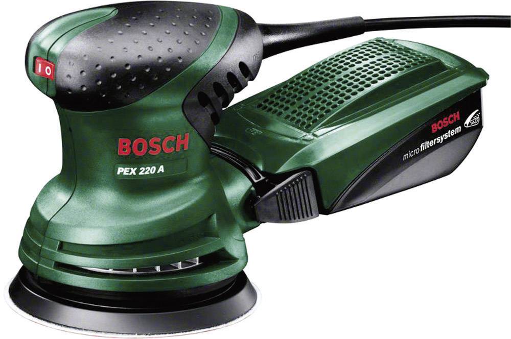 Ponceuse excentrique Bosch PEX 220 A avec poignée ergonomique et système de micro-filtration intégré pour un ponçage sans poussière.