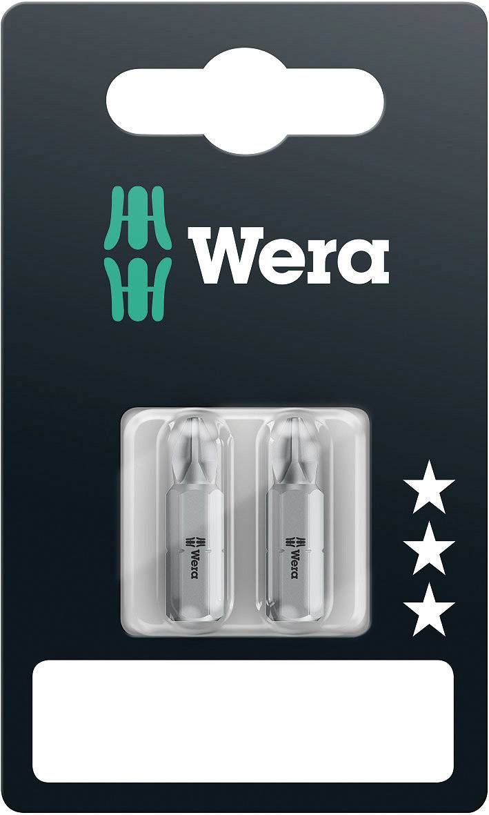 Emballage 'Wera' contenant deux embouts ; couleur grise uniforme, couvercle transparent en plastique, logos caractéristiques de la marque en haut, trois étoiles à droite.