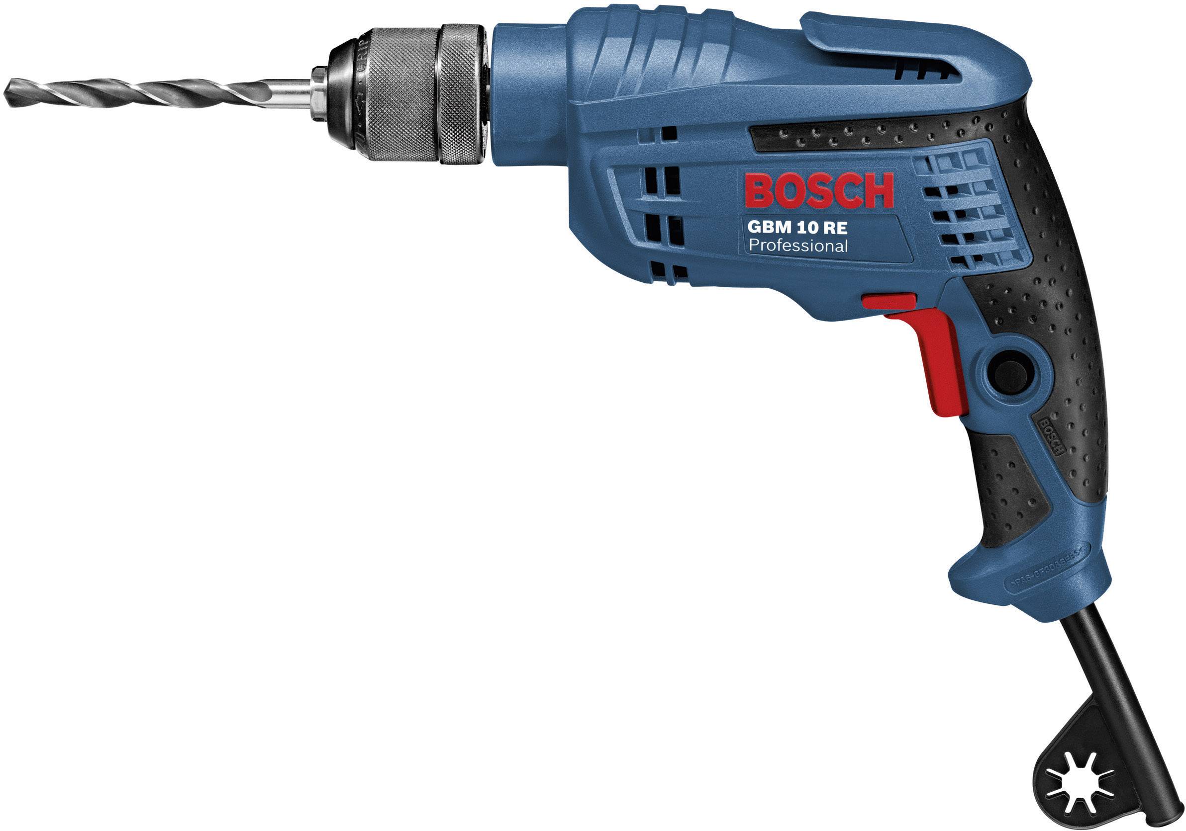 Un perçeuse électrique bleue de la marque Bosch, modèle GBM 10 RE Professional, équipée d'un foret.