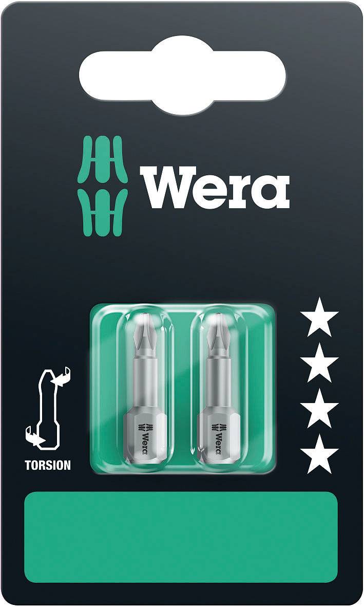 Jeu de bits de tournevis 'Wera Torsion', 2 embouts, emballage avec logo de marque et évaluation de 4 étoiles, adapté pour un vissage précis.