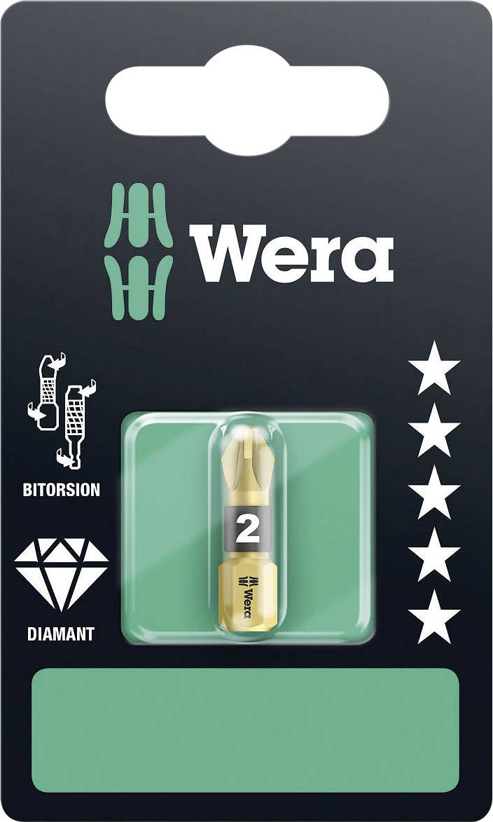 Embouts de vissage Wera au design Diamant, taille 2, conditionnés dans un emballage noir avec le logo Wera et cinq étoiles.