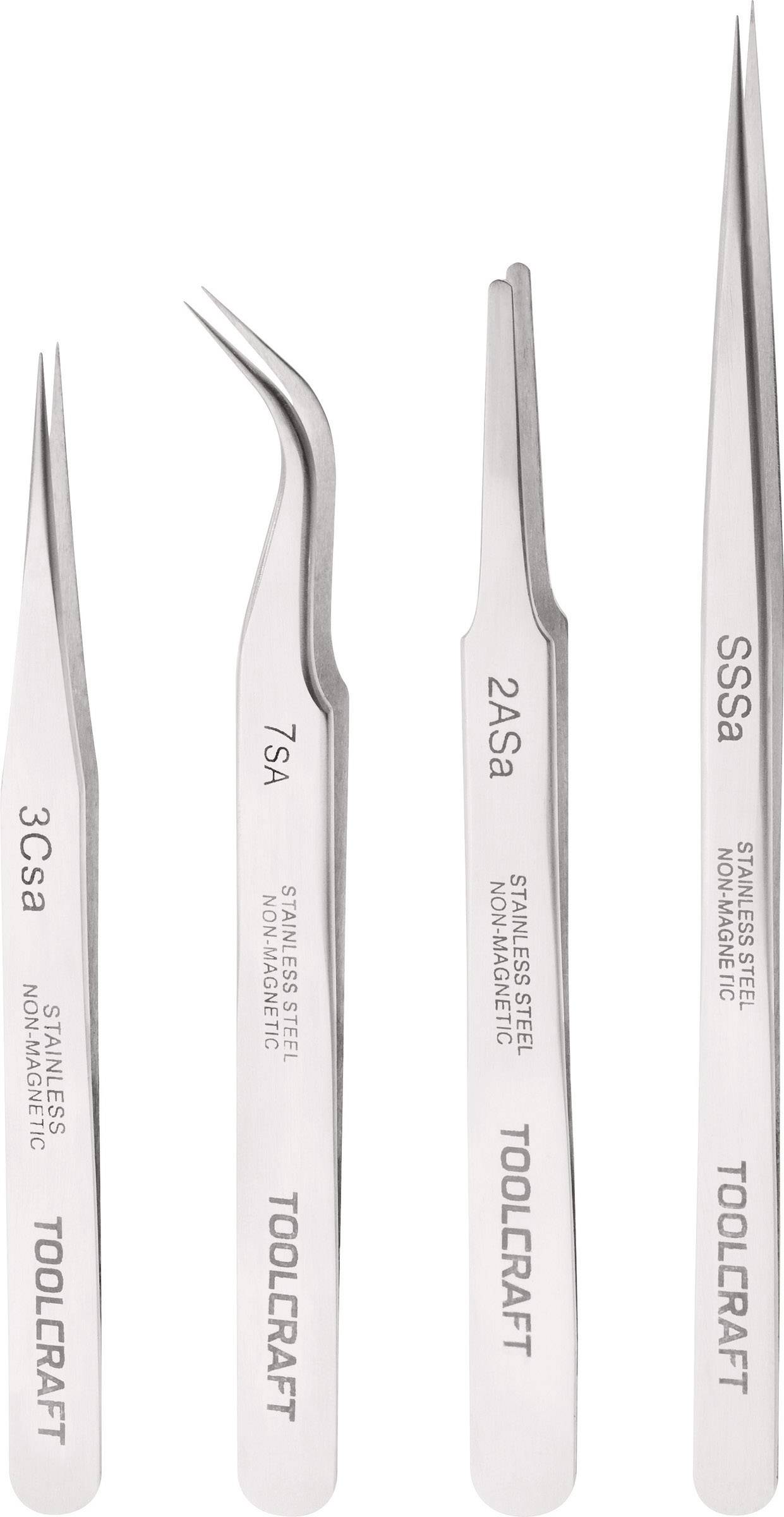TOOLCRAFT 816747 Jeu de pinces brucelles 4 pièces SS SA, 2a SA, 7 SA, 3c SA plate, ronde, pointe en forme de faucille, courbée à