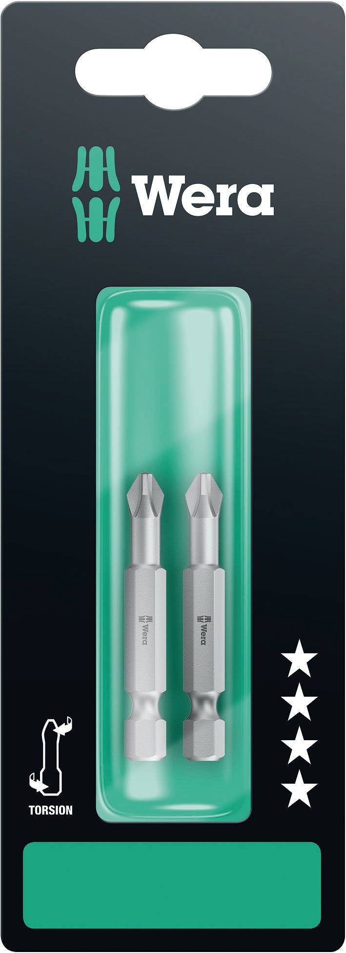 Emballage 'Wera' avec deux embouts de tournevis cruciformes en argent, torsion, dans un blister vert.