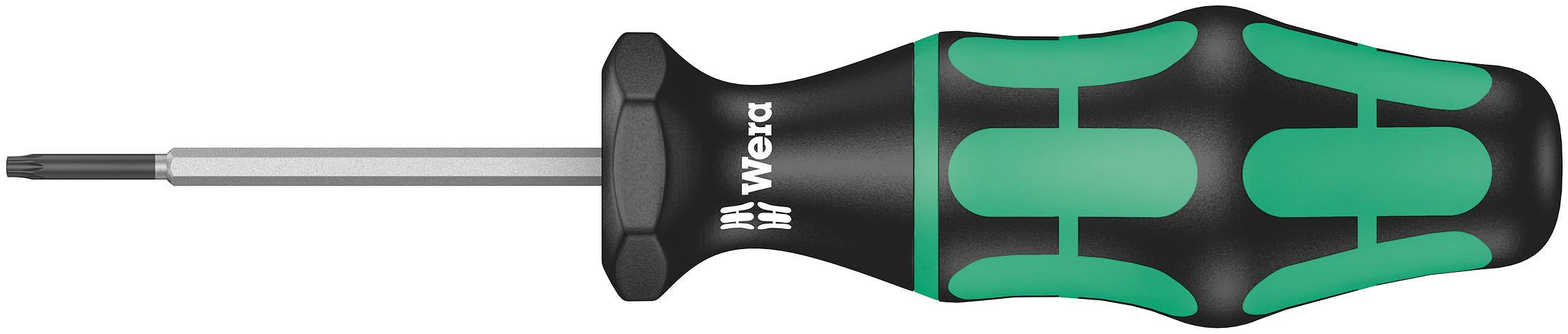 Tournevis à manche vert et noir, marqué 'Wera'. La tête est adaptée aux vis Torx, marquée T8.
