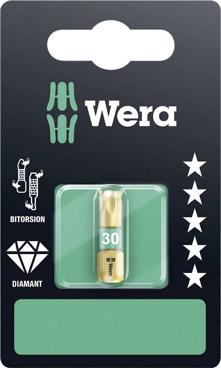 'Embout Wera Bitorsion Diamant de taille 30.' L'emballage présente un embout avec impression verte, logo de marque et symbole Diamant indiquant une haute dureté.