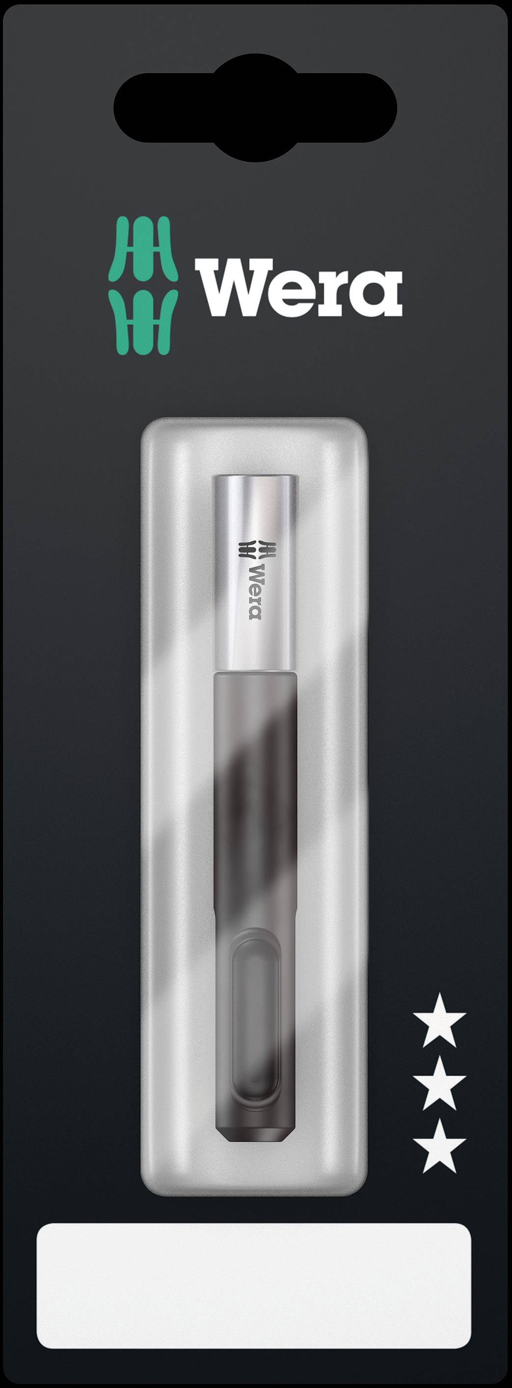 Emballage d'un embout Wera avec une poignée grise, sur un fond noir avec le logo Wera, montrant trois étoiles en bas à droite.