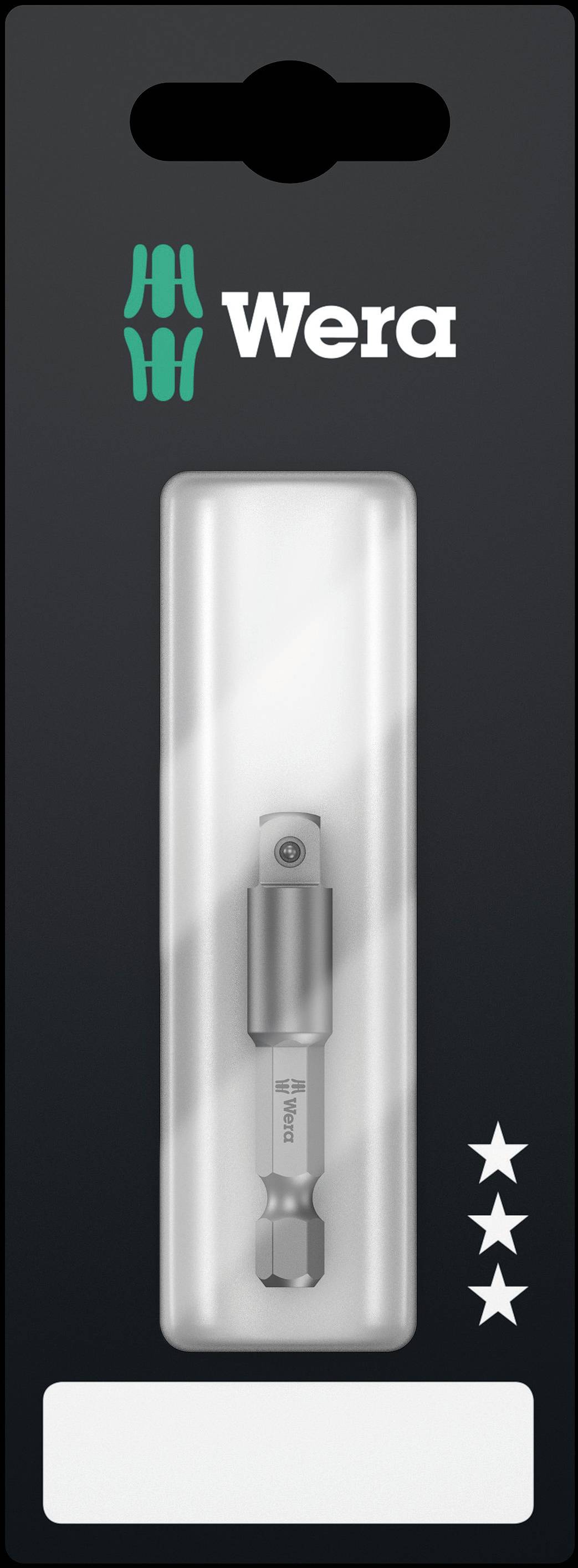 Emballage d'un porte-embout Wera, de couleur argent, pour tournevis, avec trois étoiles comme gage de qualité.