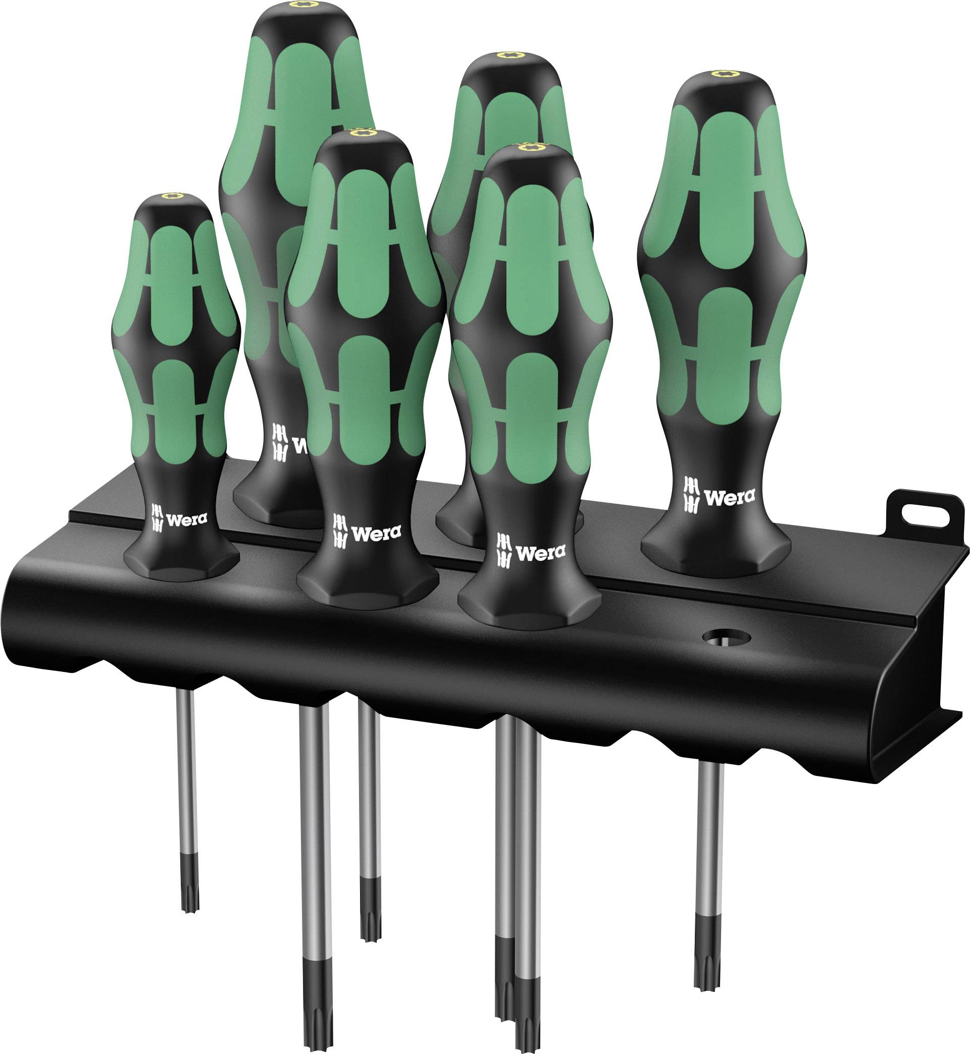 Un ensemble de six tournevis vert et noir dans un support noir, idéal pour le rangement et l'organisation dans l'atelier.