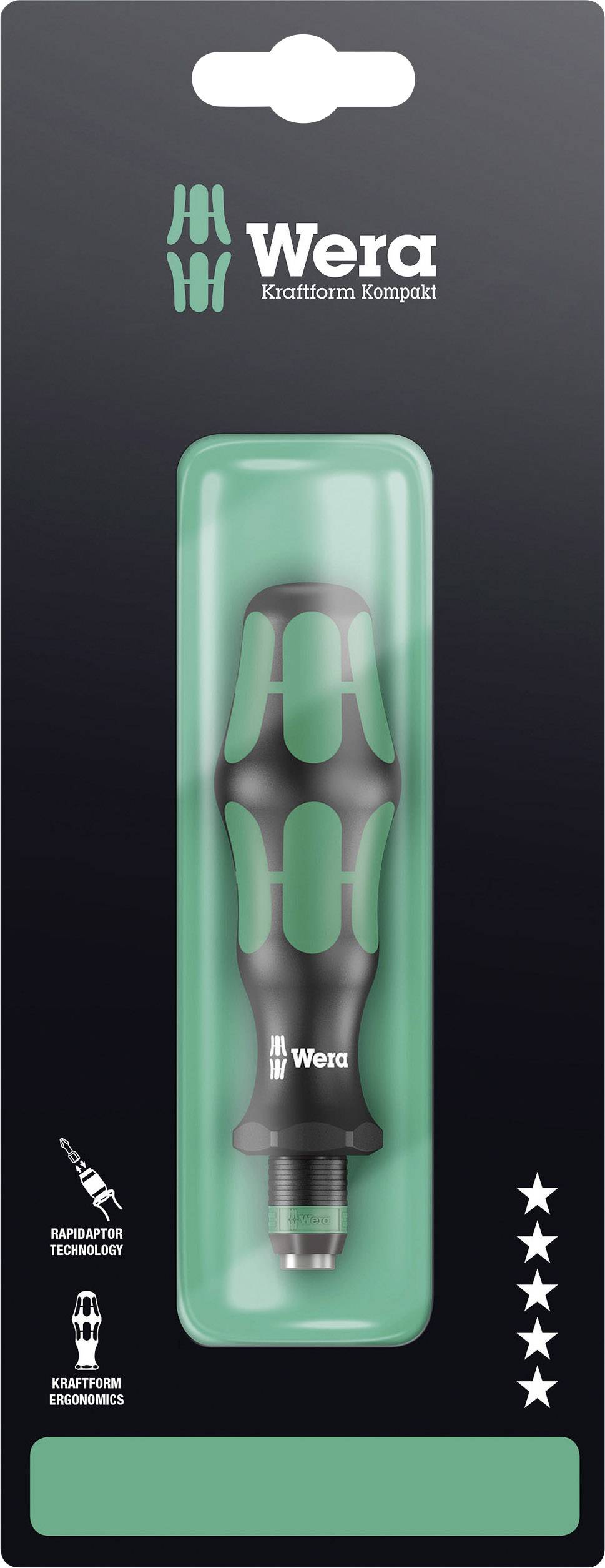 Boîte en carton contenant un tournevis de la marque Wera avec manche noir et vert. Cinq étoiles indiquent une évaluation.