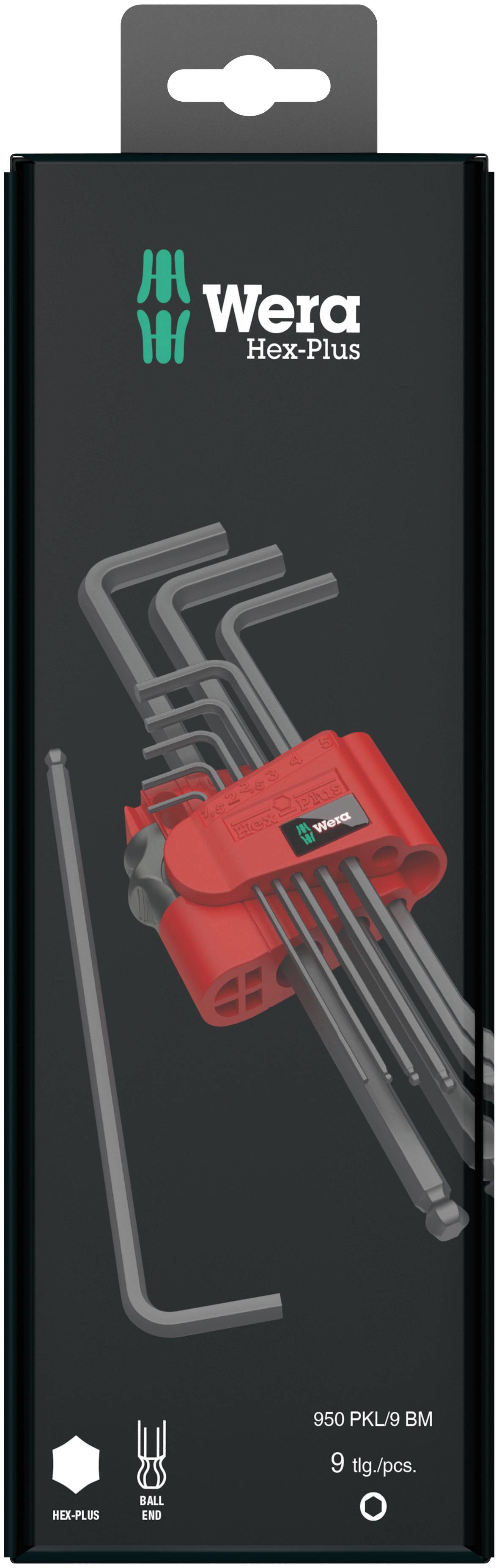 Emballage contenant un ensemble de clés Allen de la marque Wera Hex-Plus. Comprend plusieurs clés de différentes tailles, dans un support rouge.