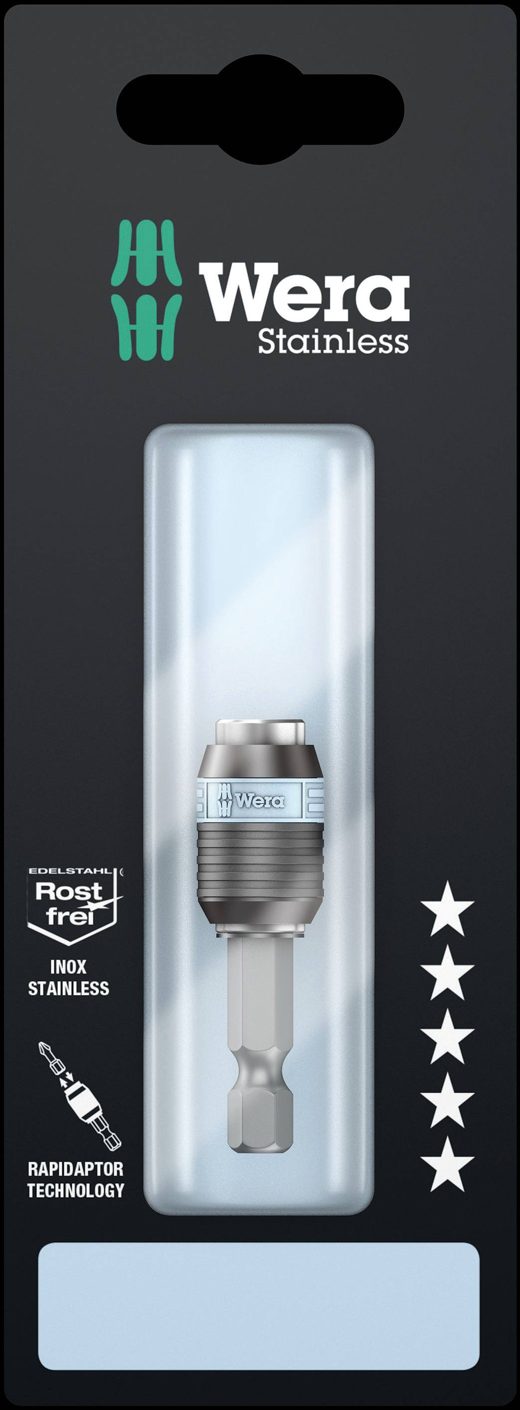 Emballage d'un embout Wera en acier inoxydable, résistant à la rouille avec la technologie Rapidaptor. L'emballage présente l'embout et le logo de la marque Wera.