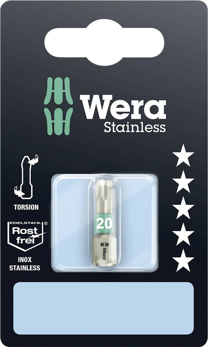 L'emballage présente un embout en acier inoxydable de Wera pour vis Torx, taille T20. Contient des symboles de torsion et d'acier inoxydable.