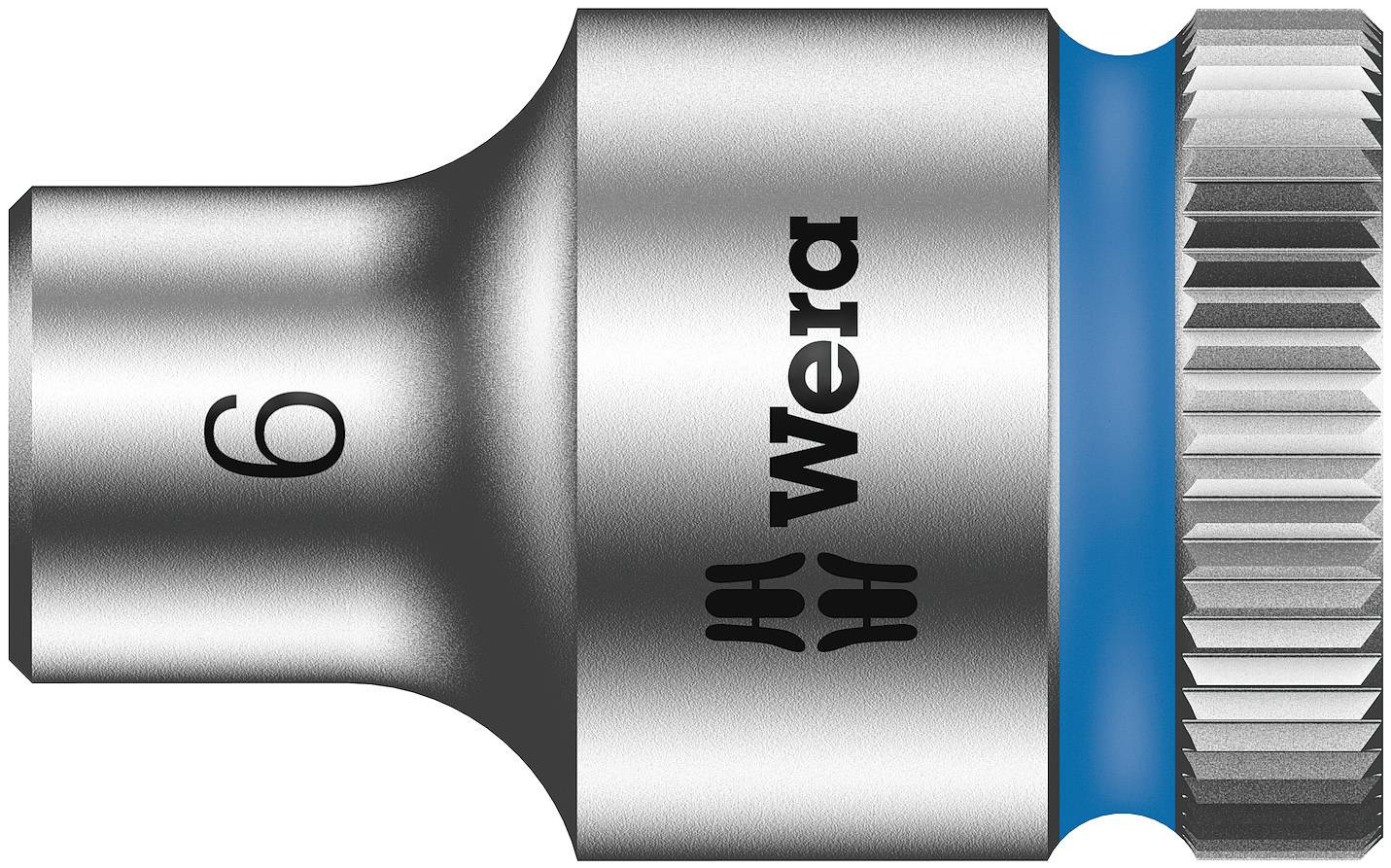 Une tête en métal argenté avec le logo 'Wera' et un anneau bleu. La vue latérale montre le chiffre '6', probablement pour la taille.