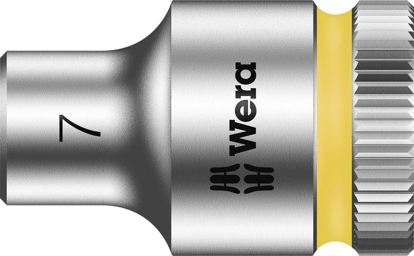 Écrou à embase de Wera, taille 7 mm, bagues argent et jaune, adapté aux travaux de vissage.