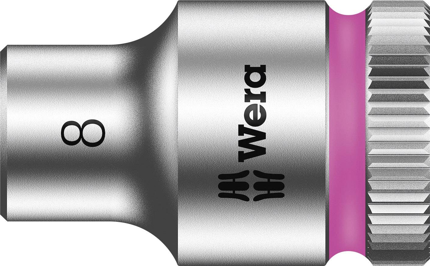 Un embout métallique avec un anneau rose affiche le chiffre '8' et le logo 'Wera', symbolisant la qualité et la taille de l'outil.