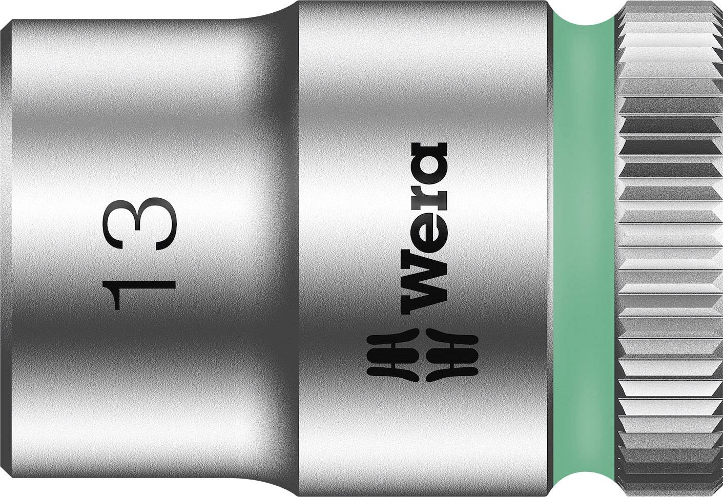 Tête de vis en métal avec le numéro '13' et le logo 'Wera', marquage vert sur le bord. Adapté pour les travaux de vissage sur machines.