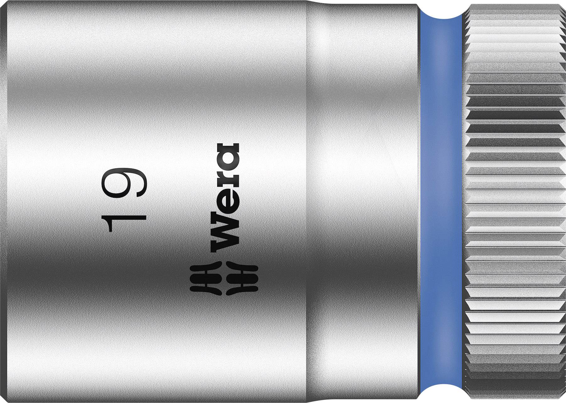 Clé à cliquet en métal avec marquage bleu et bord cannelé, portant la mention latérale '19 Wera', conçue pour le vissage manuel.