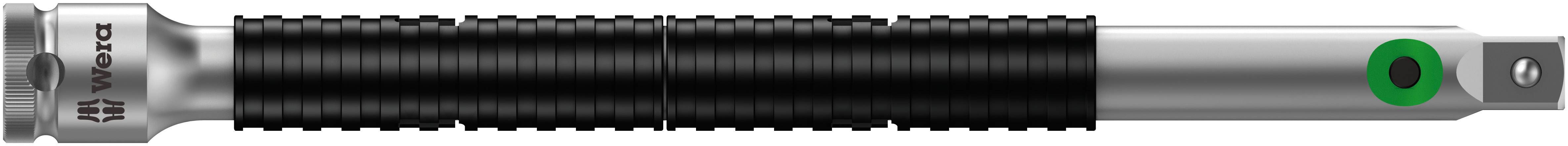 Un tournevis à manche strié de Wera, de couleur noir et argent, avec un accent vert à l'extrémité du manche.
