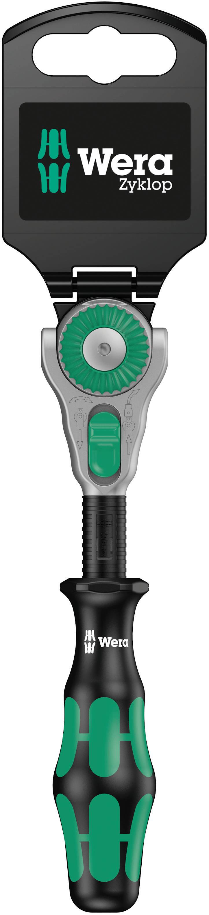 Clé à cliquet 'Wera Zyklop' avec poignée noir et vert et tête réglable. Emballage avec logo visible en haut.