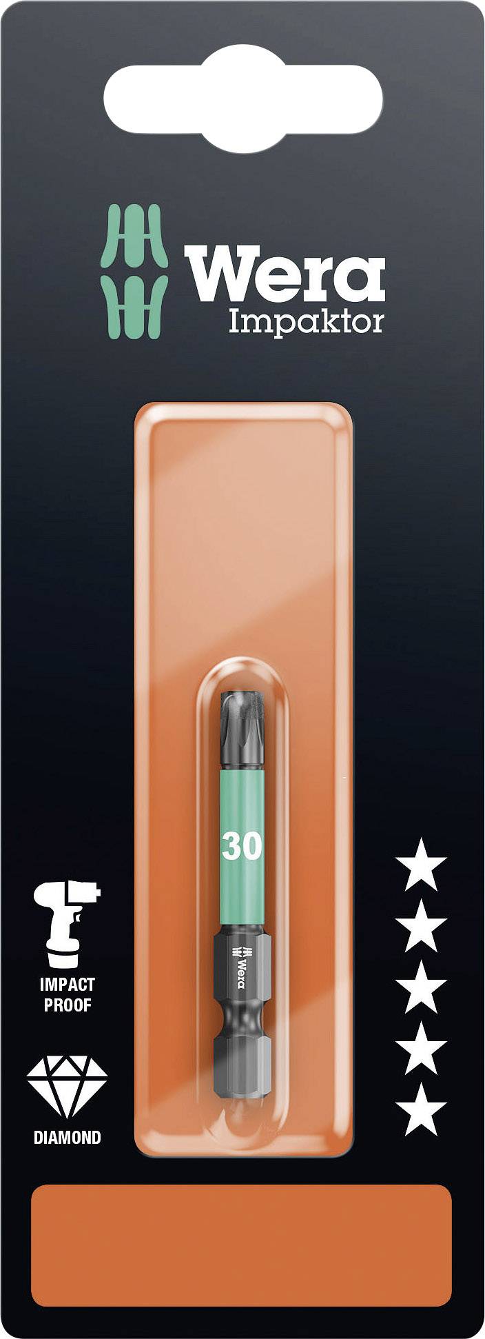 Embout 'Wera Impaktor', taille 30, dans un emballage orange avec cinq étoiles et les symboles 'Impact Proof' et 'Diamond'.