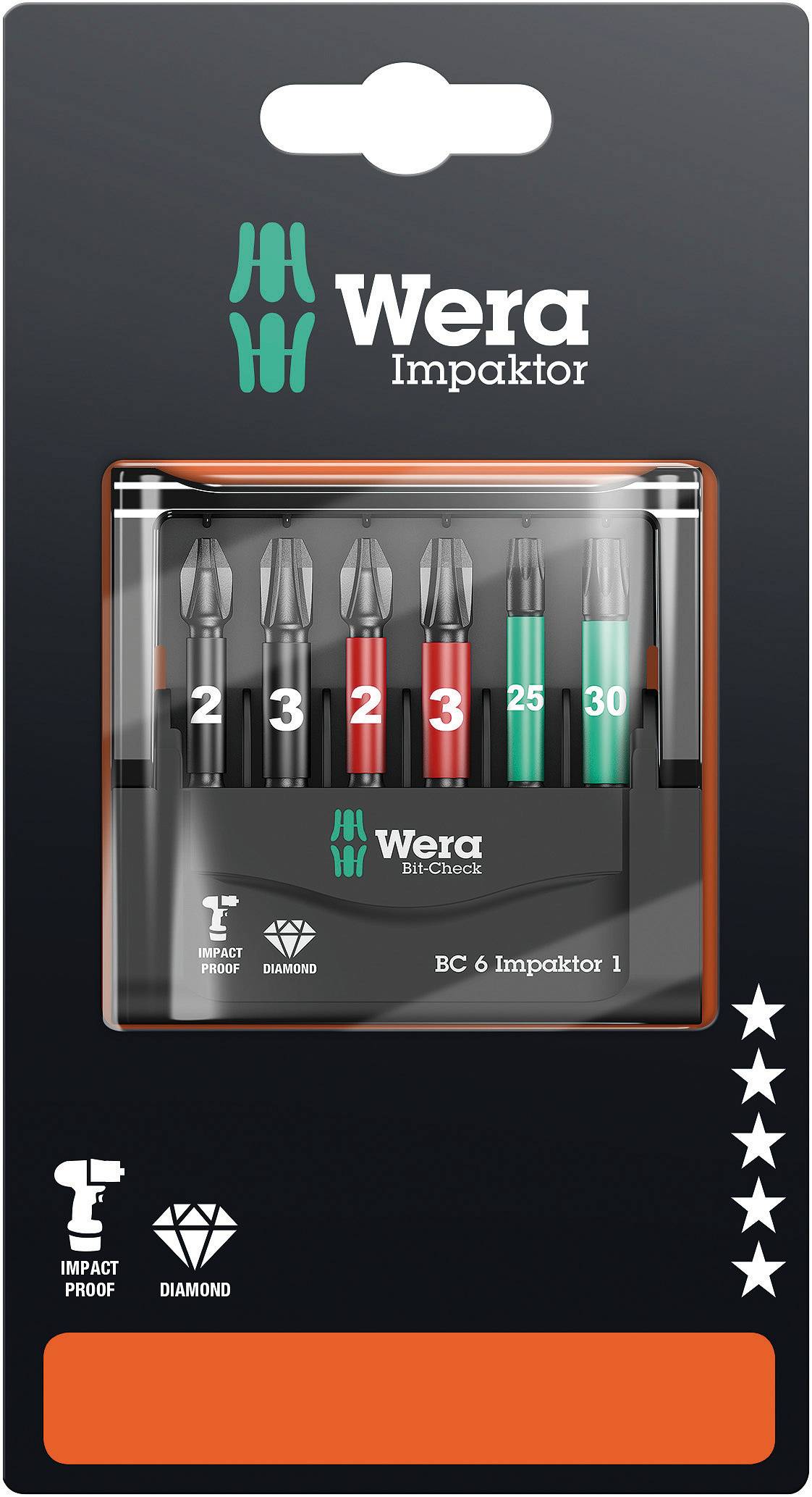 Emballage d'un jeu d'embouts Wera Impaktor comprenant six embouts marqués par couleur, adaptés aux visseuses à percussion, avec l'inscription 'Impact Proof'.