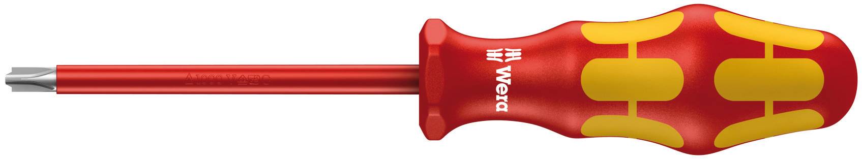 Un tournevis rouge avec poignée jaune et embout plat, adapté aux applications électriques.