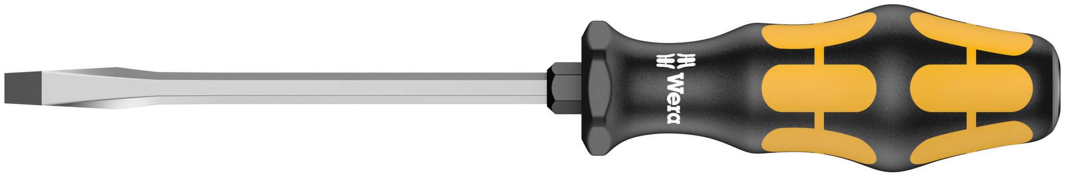 Tournevis plat avec poignée ergonomique noir et jaune et lame argentée. Adapté pour les réparations et montages simples.