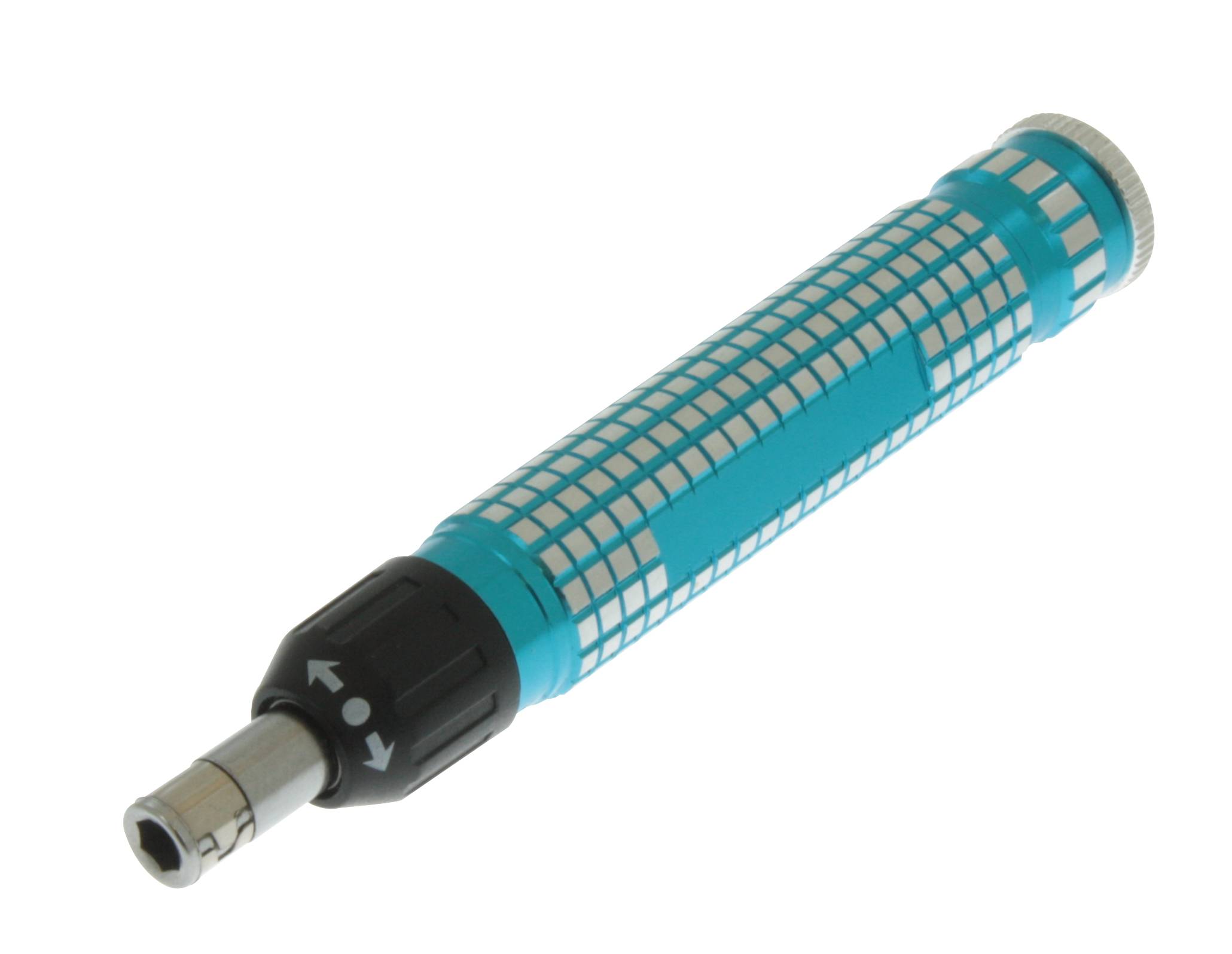 Une poignée bleue de tournevis avec un embout rotatif noir et argenté, indiquant des flèches pour le changement de sens. Adapté aux travaux de précision.