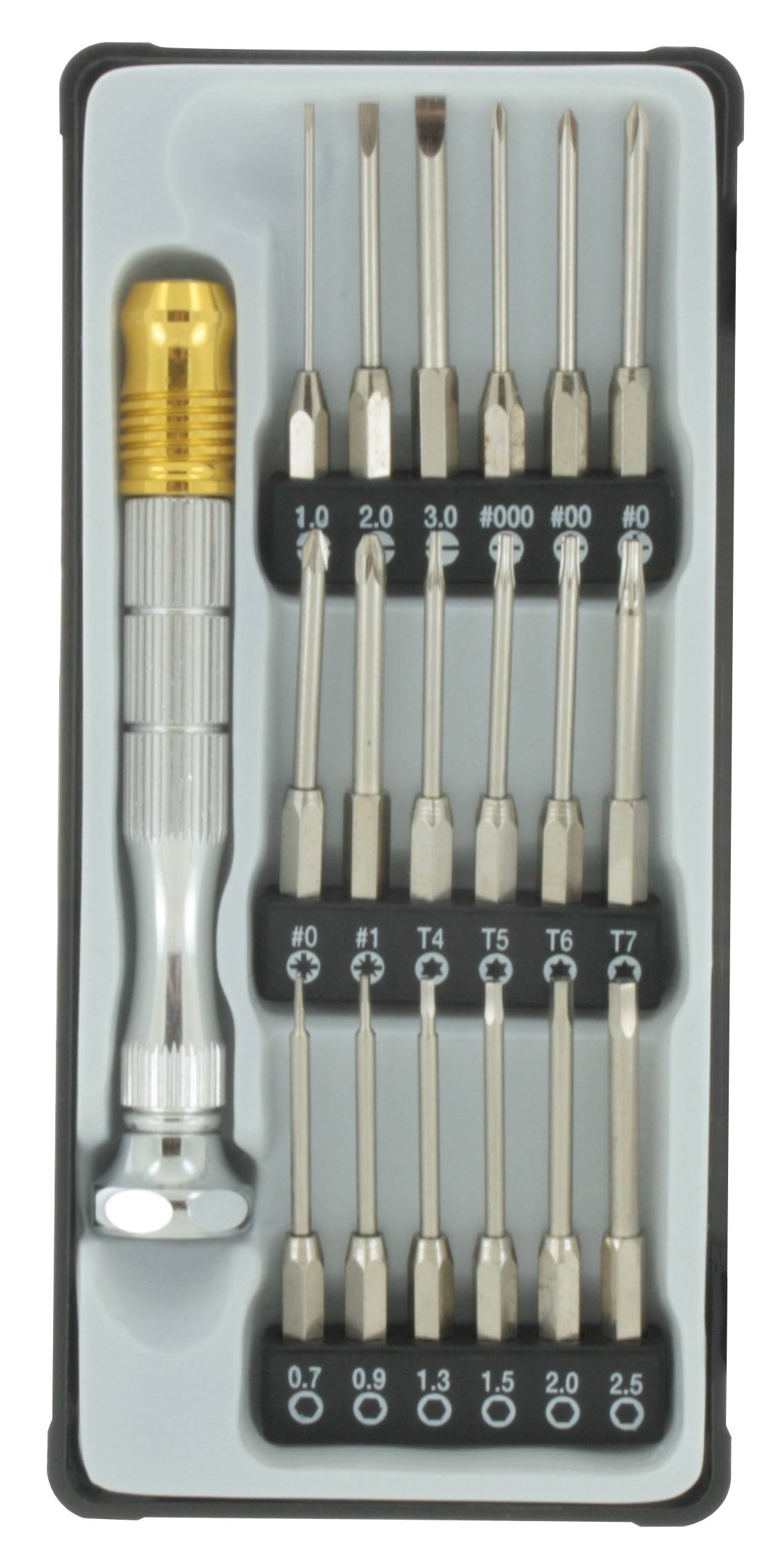 Ensemble de tournevis de précision avec différents embouts interchangeables dans un étui. Comprend des embouts à fente, cruciformes et Torx.