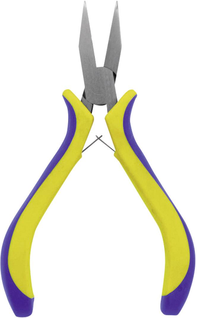 Pince plate à pointe avec manche jaune et bleu. Adaptée aux travaux précis en artisanat ou pour les loisirs créatifs.