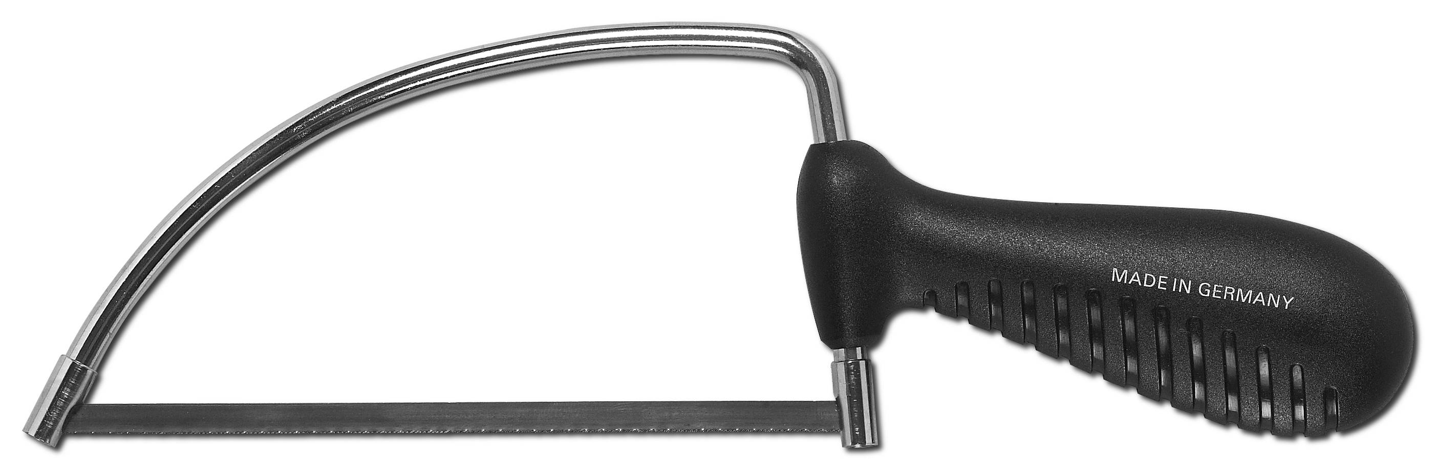 Scie à métaux avec poignée noire ergonomique et cadre métallique incurvé. La lame est interchangeable.