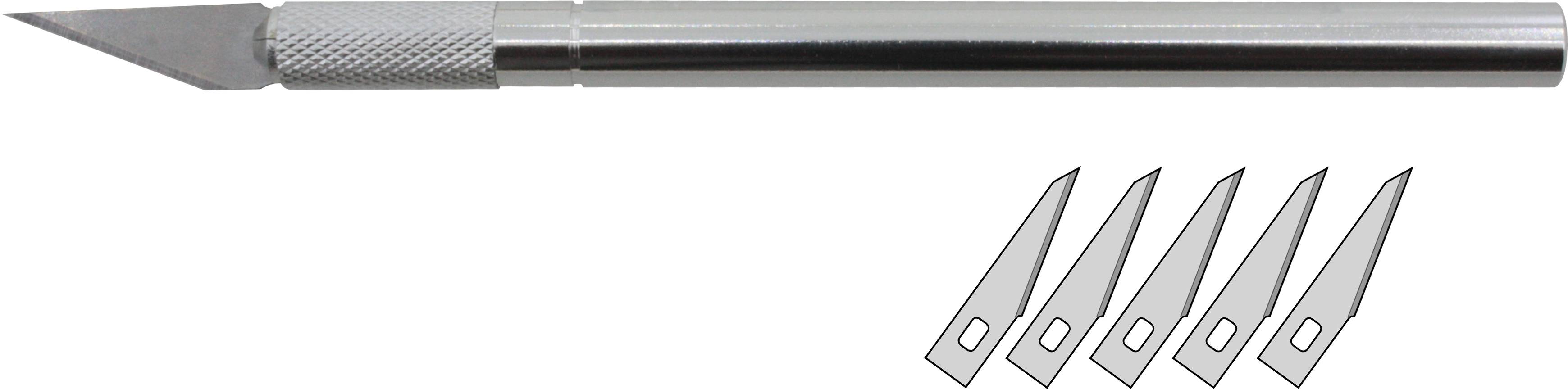 Un couteau cutter en argent avec une lame et cinq lames de rechange à côté. Adapté pour des coupes précises dans les travaux manuels.