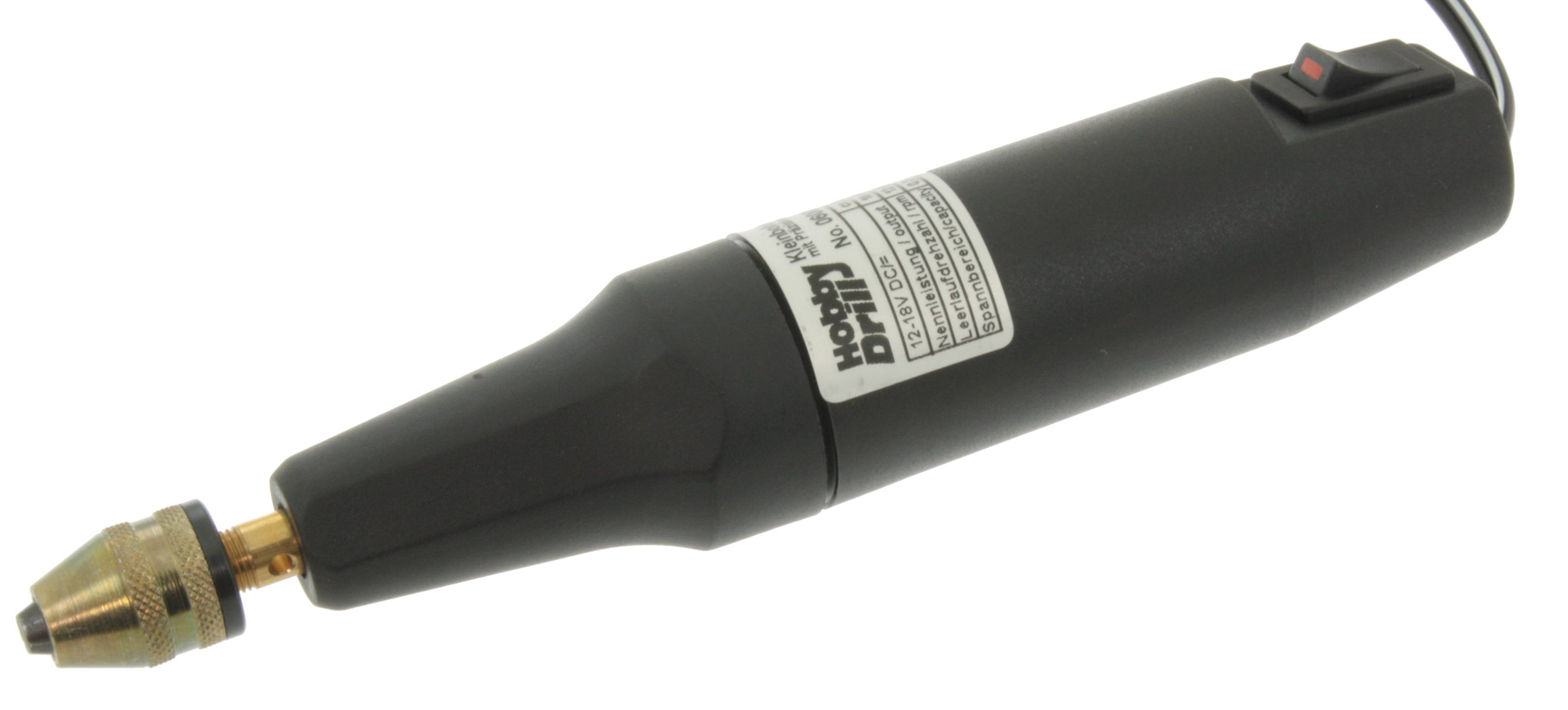 Une mini-perceuse en noir avec un mandrin couleur or et un interrupteur, adaptée pour le perçage précis de petits matériaux.