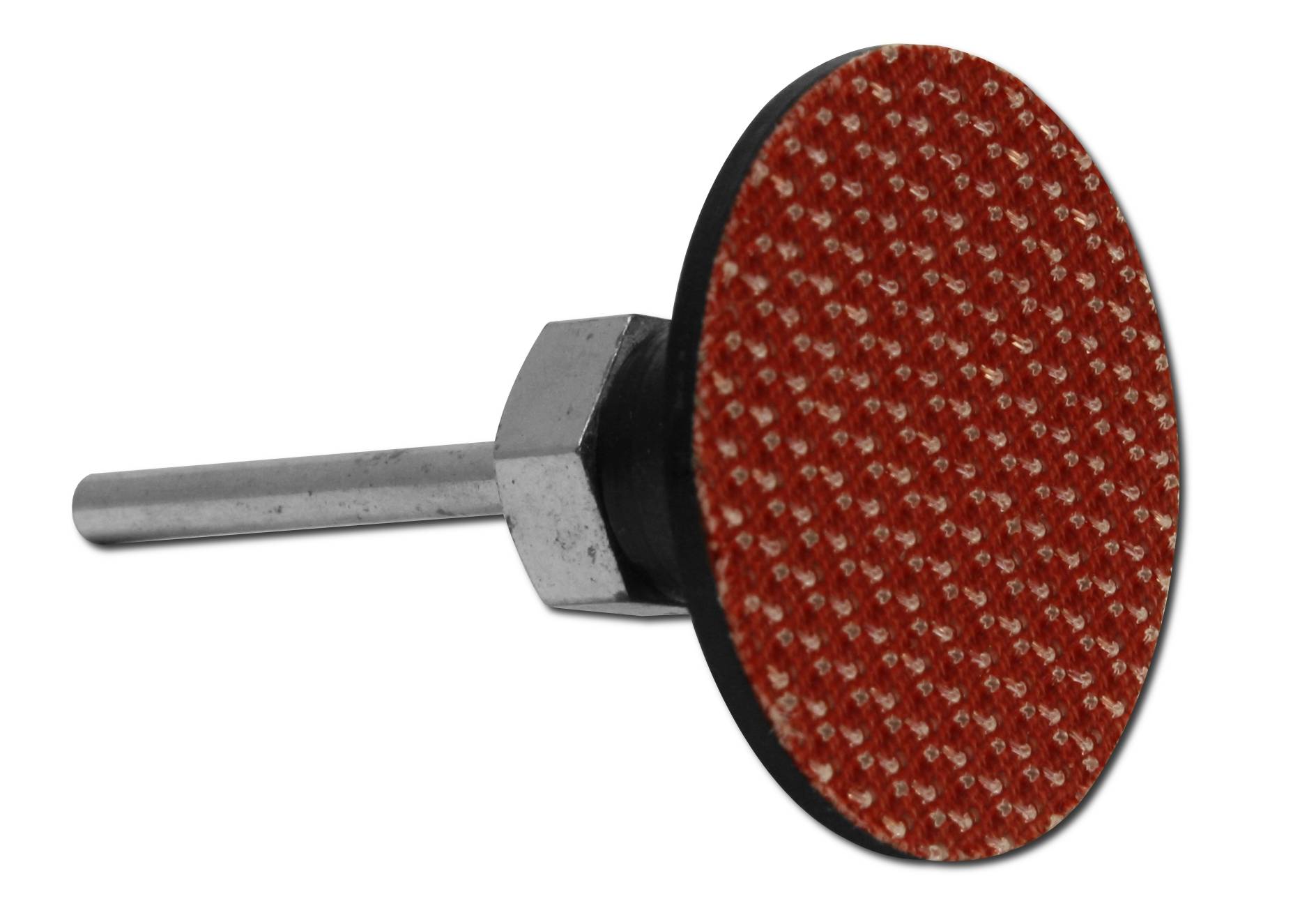 Disque abrasif rouge fixé sur un support circulaire avec tige métallique, adapté pour un ponçage précis dans les travaux artisanaux.