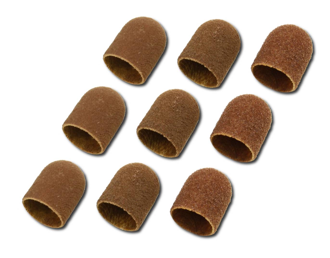 Neuf capuchons abrasifs bruns, disposés de manière uniforme, sur un fond blanc. Adaptés aux travaux de ponçage dans l'artisanat et l'industrie.