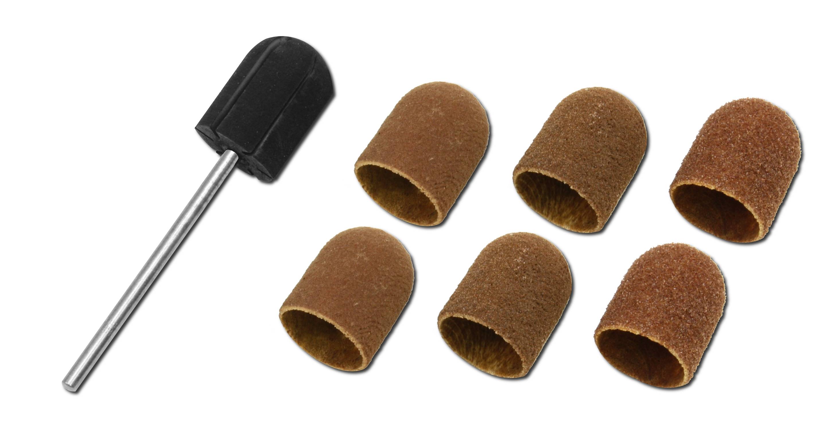 Accessoire de meulage avec six manchons de ponçage bruns pour les soins des ongles ou les travaux manuels.