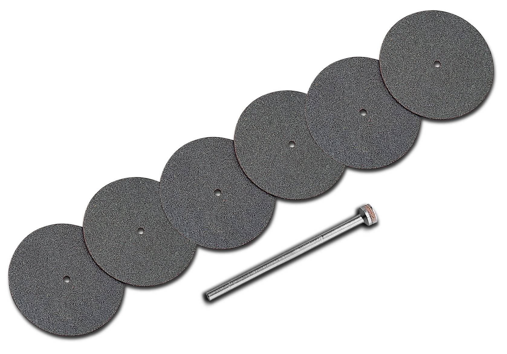 Image de six disques de coupe noirs disposés en demi-cercle, avec un stylo argenté en dessous. Accessoire d'outillage.