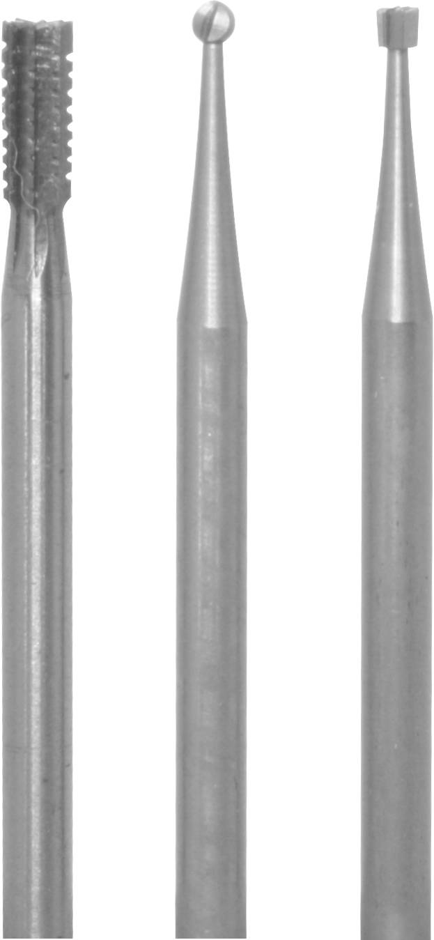 Trois forets dentaires : un avec une tête dentelée, un avec une tête sphérique et un avec une tête plate et carrée.