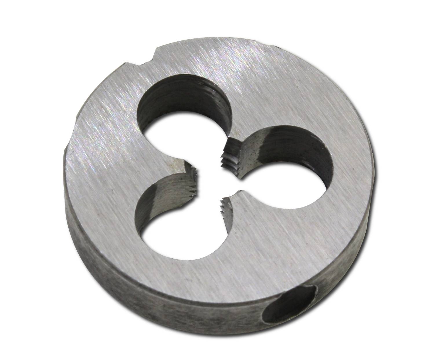 Un outil de filetage rond en métal avec trois ouvertures uniformes et un trou latéral, utilisé pour la fabrication de filets de vis.
