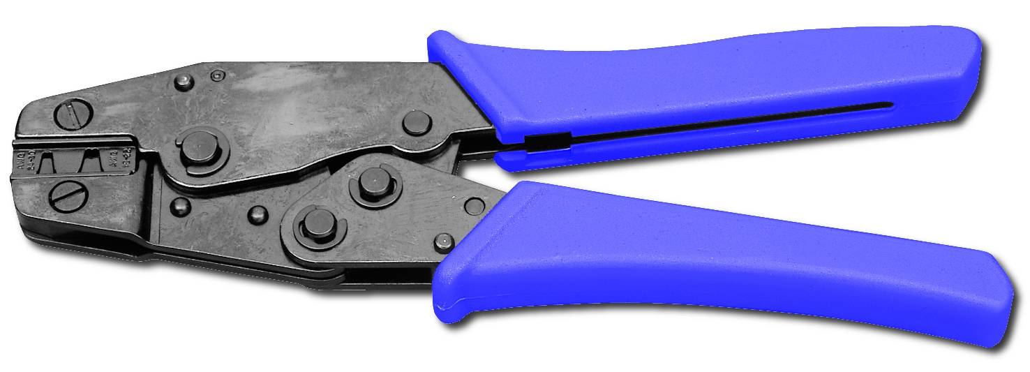 Une pince à sertir avec des poignées bleues, utilisée pour fixer des connecteurs sur des câbles.