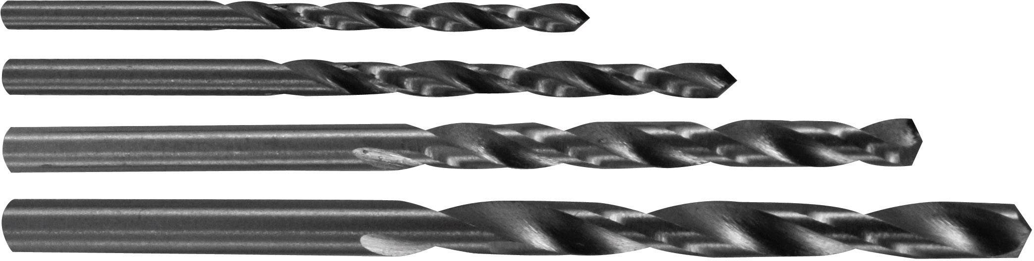 Cinq forets métalliques de différentes tailles, disposés horizontalement du plus petit au plus grand, sur un fond blanc.